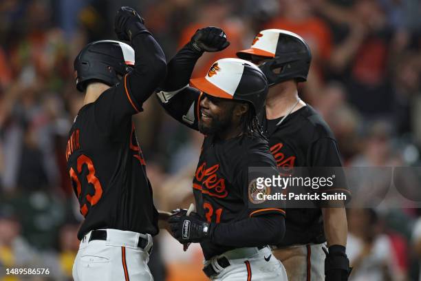 Cedric Mullins of the Baltimore Orioles celebrates after hitting a three run home run to complete the cycle against the Pittsburgh Pirates during the...