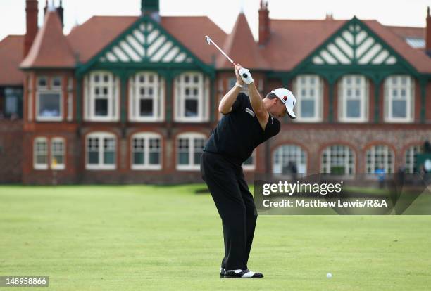 Paul Lawrie of Scotland hits his approach to the 18th green during the second round of the 141st Open Championship at Royal Lytham & St Annes Golf...