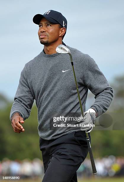 Tiger Woods of the United States watches a shot from the rough on the 11th hole during the second round of the 141st Open Championship at Royal...