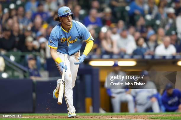 Brian Anderson of the Milwaukee Brewers singles in a run in the seventh inning against the Kansas City Royals at American Family Field on May 12,...