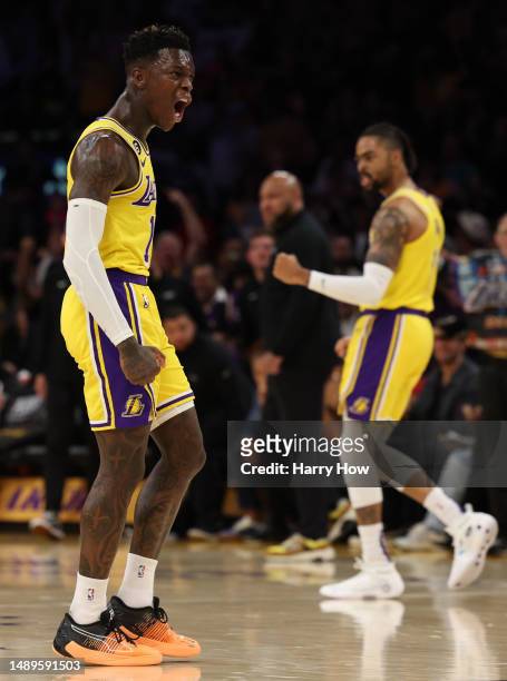Dennis Schroder of the Los Angeles Lakers reacts after his assist against the Golden State Warriors during the first quarter in game six of the...