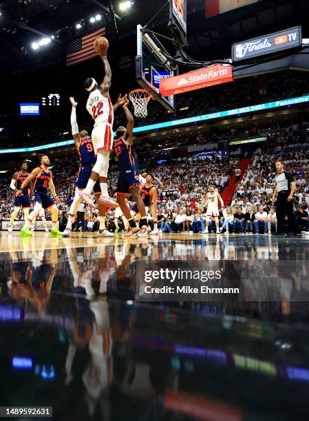 Jimmy Butler of the Miami Heat drives to the basket during game six of the Eastern Conference Semifinals in the 2023 NBA Playoffs against the New...
