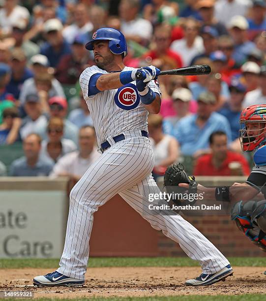 Geovany Soto of the Chicago Cubs bats against the Miami Marlins at Wrigley Field on July 19, 2012 in Chicago, Illinois. The Cubs defeated the Marlins...