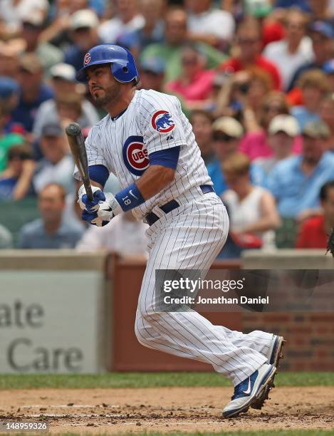 Geovany Soto of the Chicago Cubs bats against the Miami Marlins at Wrigley Field on July 19, 2012 in Chicago, Illinois. The Cubs defeated the Marlins...