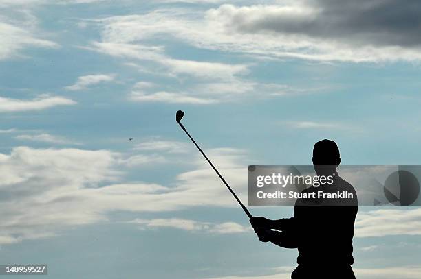 Tiger Woods of the United States watches his tee shot on the 15th hole during the second round of the 141st Open Championship at Royal Lytham & St...