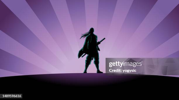 bildbanksillustrationer, clip art samt tecknat material och ikoner med vector anime lone samurai silhouette with sunburst background stock illustration - battle comic