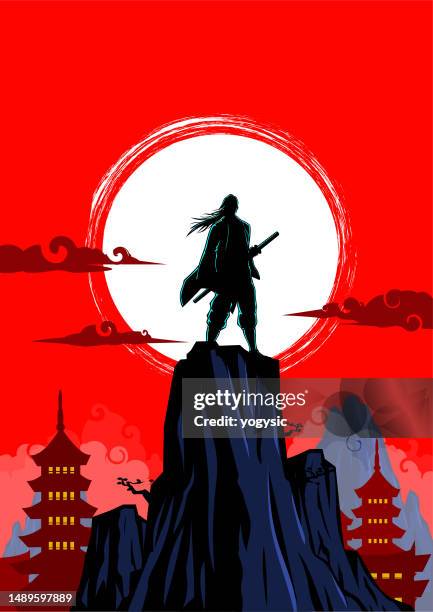 vector anime samurai in silhouette on a rock with japanese temple silhouette background stock illustration - ninja weapon stock illustrations