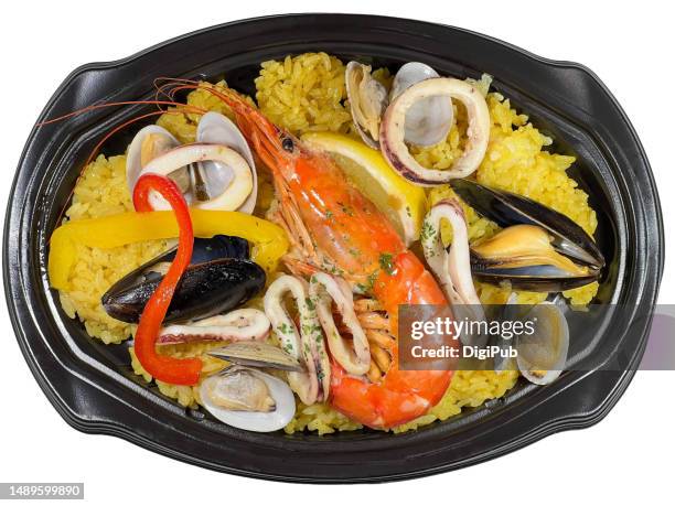 mediterranean style seafood paella bento isolated against white background - yōshoku stock pictures, royalty-free photos & images