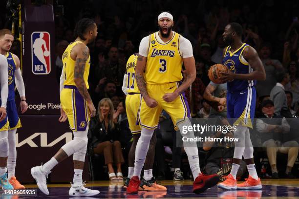 Anthony Davis of the Los Angeles Lakers reacts after his steal against the Golden State Warriors during the third quarter in game six of the Western...