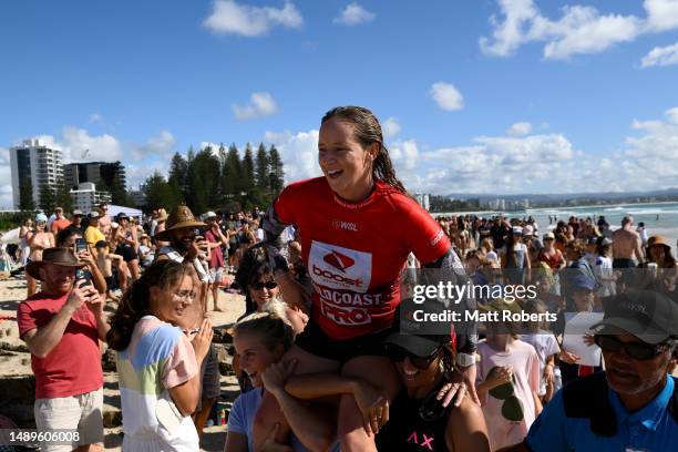 India Robinson of Australia celebrates winning the 2023 Gold Coast Pro at Snapper Rocks on May 13, 2023 in Gold Coast, Australia.