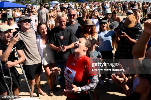 India Robinson of Australia celebrates winning the 2023 Gold Coast Pro at Snapper Rocks on May 13, 2023 in Gold Coast, Australia.