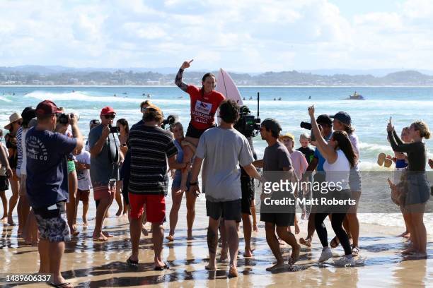 India Robinson of Australia celebrates winning the 2023 Gold Coast Pro at Snapper Rocks on May 13, 2023 in Gold Coast, Australia.