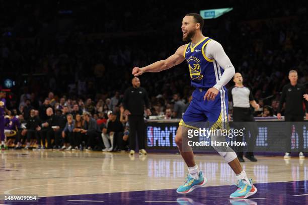 Stephen Curry of the Golden State Warriors reacts after being called for a in game six of the Western Conference Semifinal Playoffs at Crypto.com...
