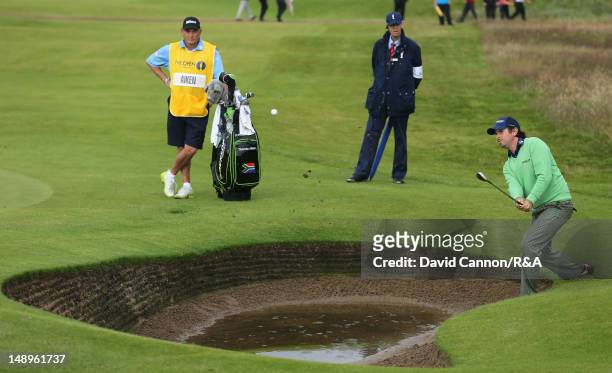 Thomas Aiken of South Africa hits from a bunker on the 15th hole during the second round of the 141st Open Championship at Royal Lytham & St Annes...