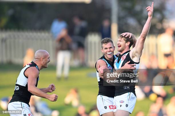 Tom Jonas of the Power celebrates a goal during the round nine AFL match between North Melbourne Kangaroos and Port Adelaide Power at Blundstone...