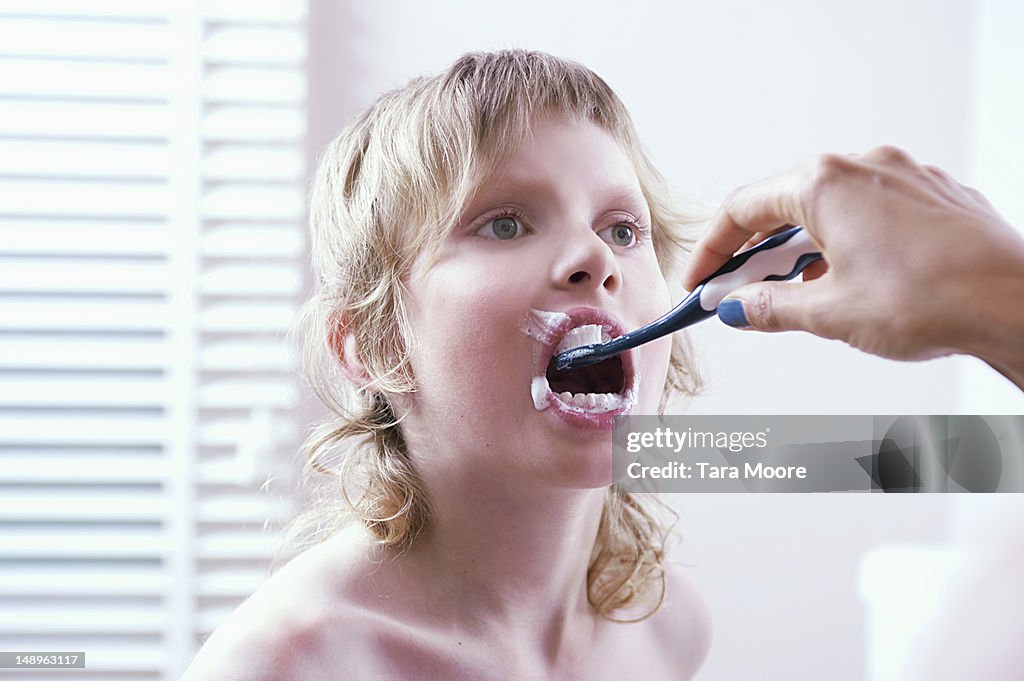 Boy getting teeth brushed by mother