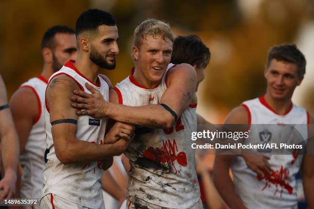 Cameron Wild of the Bullants and Saad El-Hawli of the Bullants celebrate winning the round eight VFL match between Coburg and Northern Bullants at...