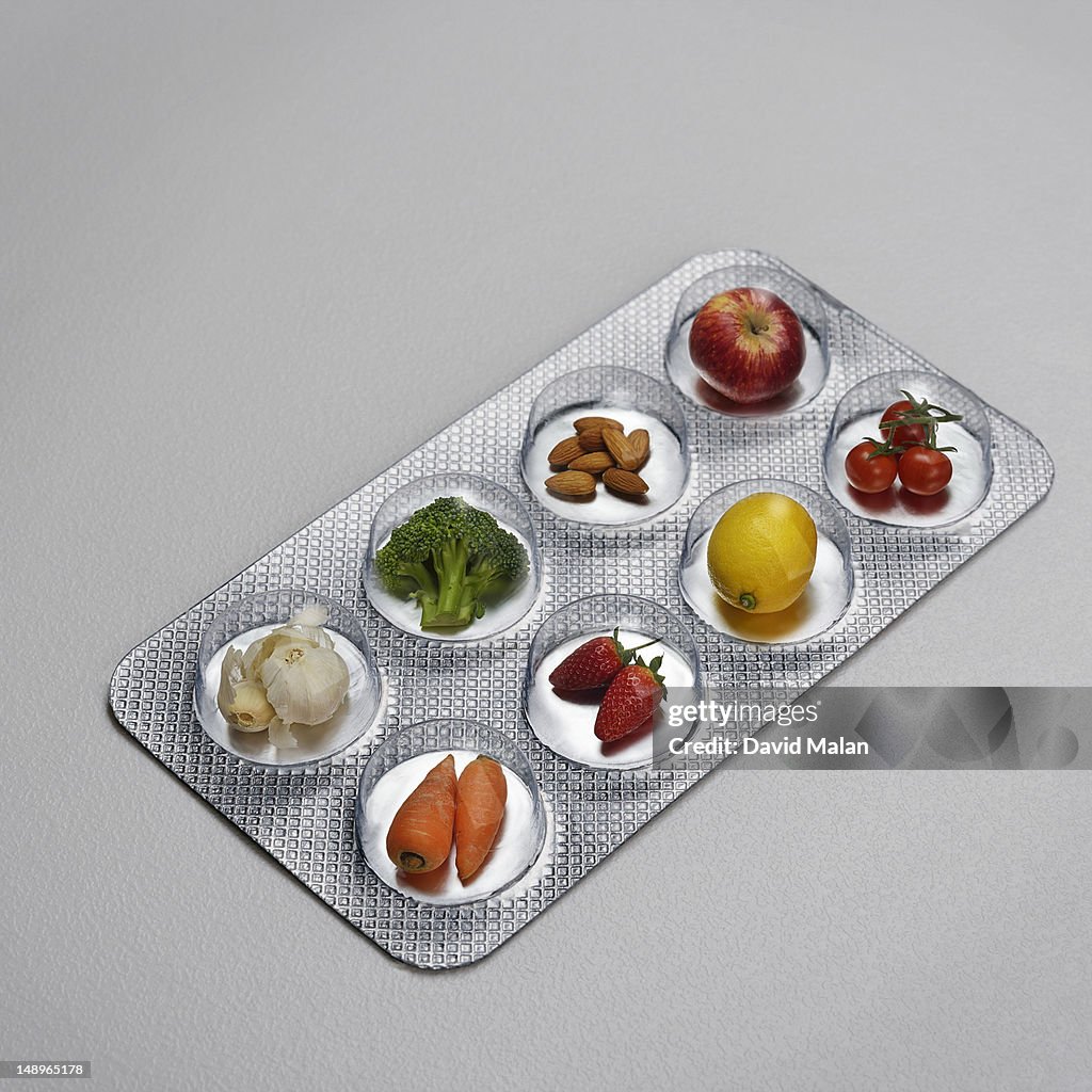 Pill blister pack containing fruit and vegtables