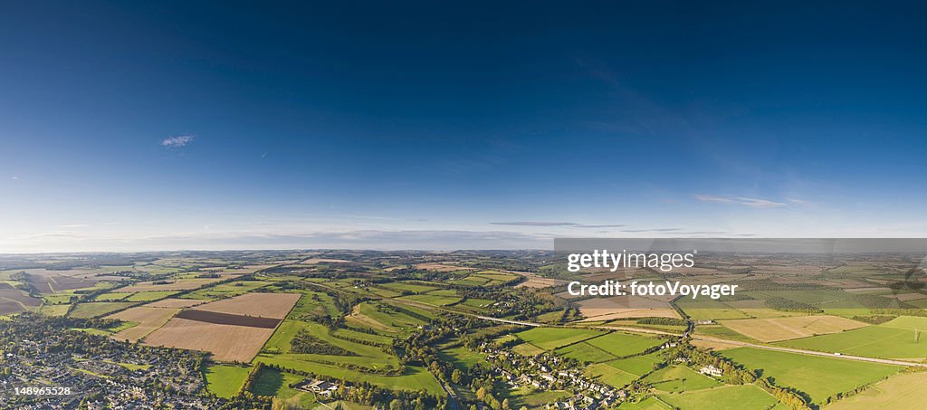 Aerial panorama patchwork land villages big sky