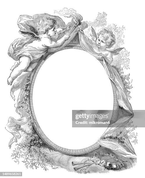old engraved illustration of decorative ornaments, little angels - cupid stock pictures, royalty-free photos & images