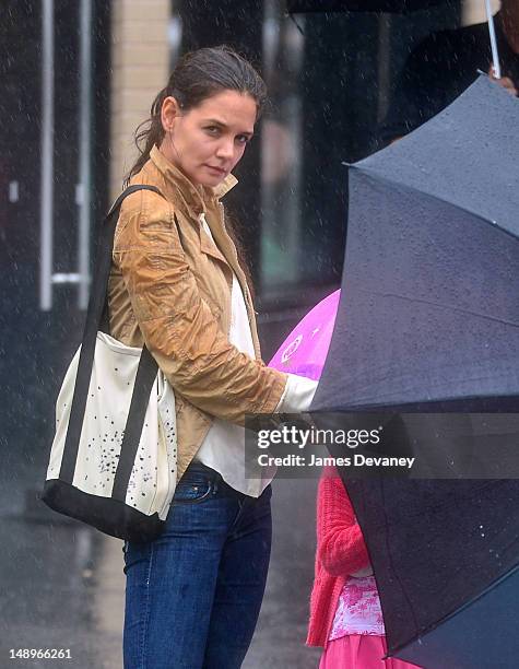 Katie Holmes seen walking in the rain in the Meat Packing District on July 20, 2012 in New York City.