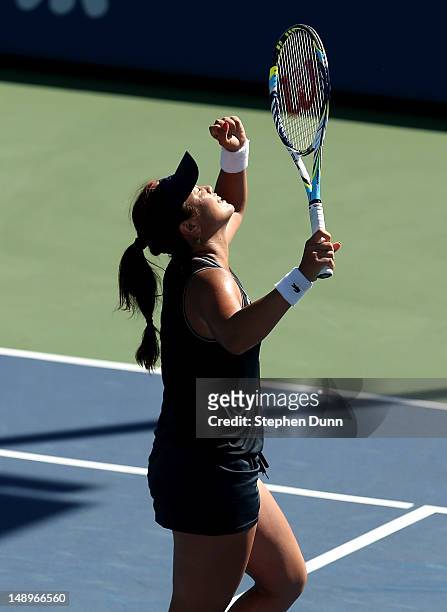 Yung-Jan Chan of Taipei celebrates after winning match point against Jelena Jankovic of Serbia during day seven of the Mercury Insurance Open...