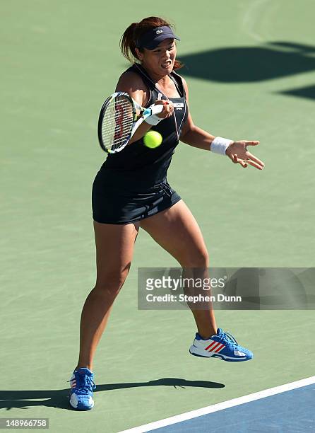 Yung-Jan Chan of Taipei hits a volley to Jelena Jankovic of Serbia during day seven of the Mercury Insurance Open Presented By Tri-City Medical at La...