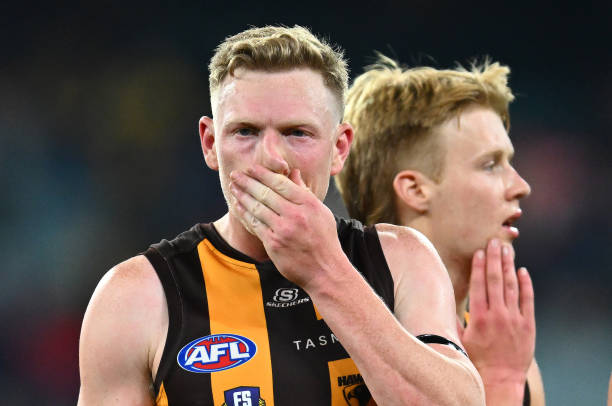 James Sicily and Cam Mackenzie of the Hawks look dejected after losing the round nine AFL match between Hawthorn Hawks and Melbourne Demons at...