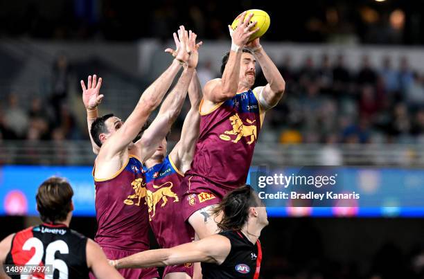 Joe Daniher of the Lions takes a mark during the round nine AFL match between Brisbane Lions and Essendon Bombers at The Gabba, on May 13 in...