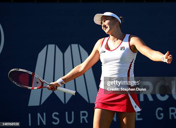 Nadia Petrova of Russia reacts in her match with Vavara Lepchenko during day seven of the Mercury Insurance Open Presented By Tri-City Medical at La...