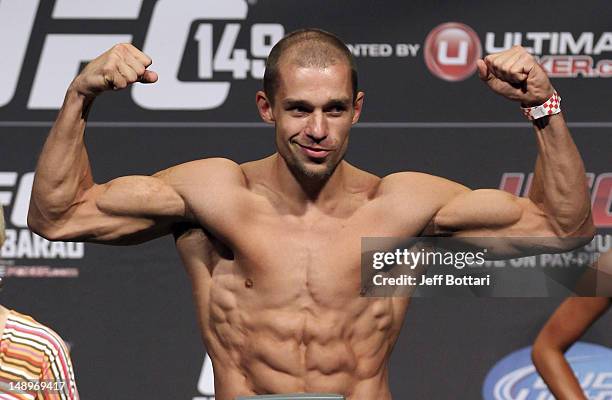 Anton Kuivanen makes weight at the UFC 149 weigh-in at the Scotiabank Saddledome on July 20, 2012 in Calgary, Alberta, Canada.