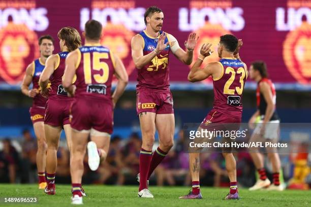 Joe Daniher of the Lions celebrates a goal during the round nine AFL match between Brisbane Lions and Essendon Bombers at The Gabba, on May 13 in...