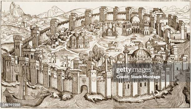 Engraving depicts a city with its walled fortifications, Constantinople , Turkey, circa 1493.