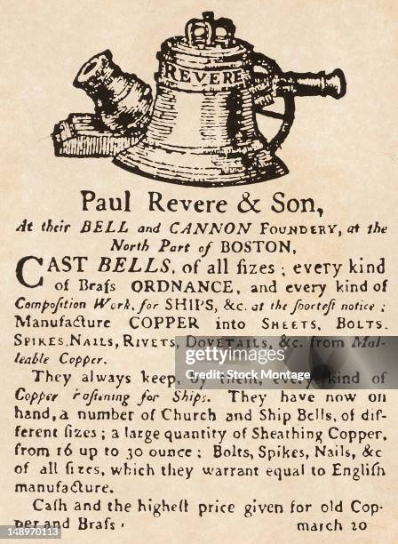 Facsimile of a small newspaper advertisement for the Paul Revere & Son Bell and Canon foundry, Boston, Massachusetts, early 1800s.