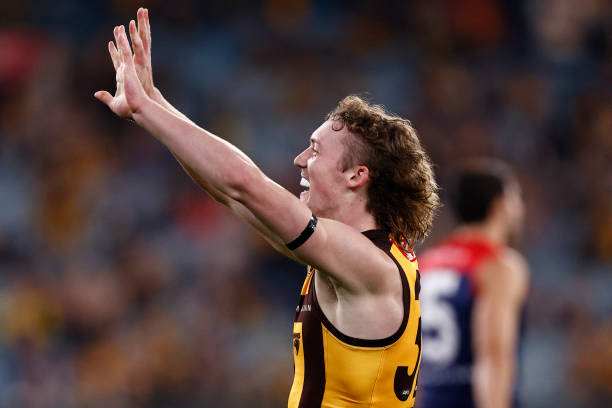 Josh Weddle of the Hawks celebrates a goal during the round nine AFL match between Hawthorn Hawks and Melbourne Demons at Melbourne Cricket Ground,...