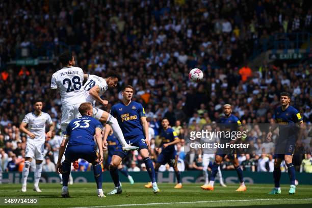 Rodrigo Moreno heads the ball before Luke Ayling of Leeds United scored their sides first goal during the Premier League match between Leeds United...
