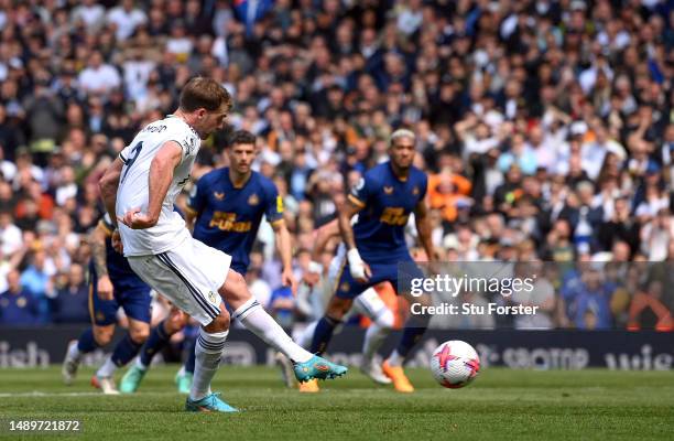 Patrick Bamford of Leeds United misses a penalty during the Premier League match between Leeds United and Newcastle United at Elland Road on May 13,...