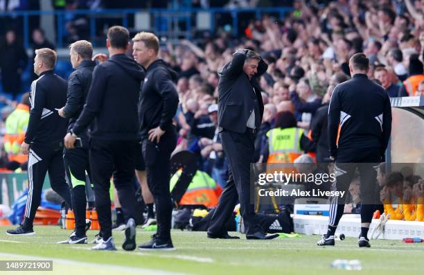 Sam Allardyce, Manager of Leeds United, reacts after Patrick Bamford misses a penalty during the Premier League match between Leeds United and...