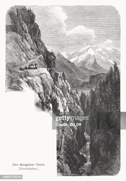 passage des bergünersteins, graubünden, schweiz, holzstich, erschienen 1877 - strasse schweiz stock-grafiken, -clipart, -cartoons und -symbole