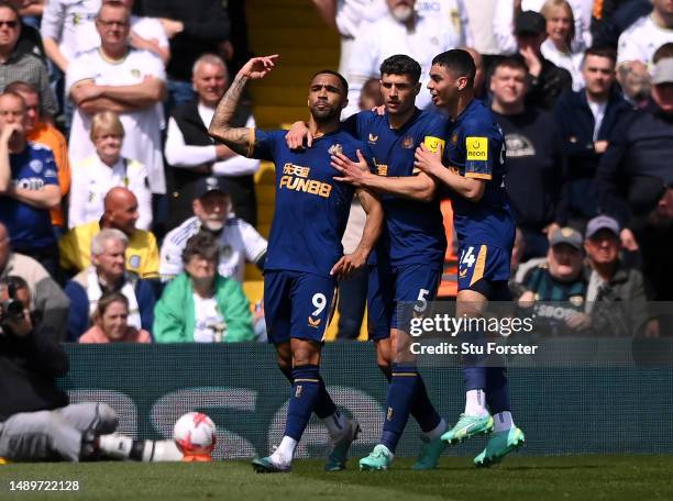 Callum Wilson of Newcastle United celebrates with teammates after scoring the team's first goal from the penalty spot during the Premier League match...