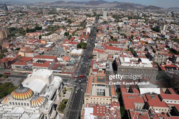 The city skyline observed from Latin American Tower or Torre Latinoamericana skyscraper in the historic city center on January 3, 2023 in Mexico...