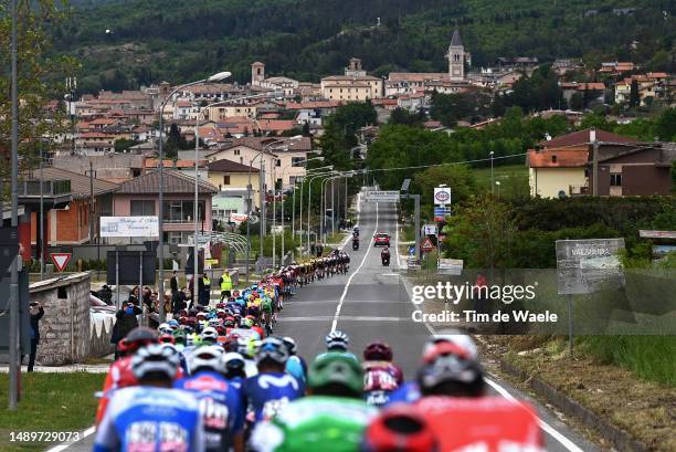 General view of the peloton passing through Gualdo Tadino Village during the 106th Giro d'Italia 2023, Stage 8 a 207km stage from Terni to...