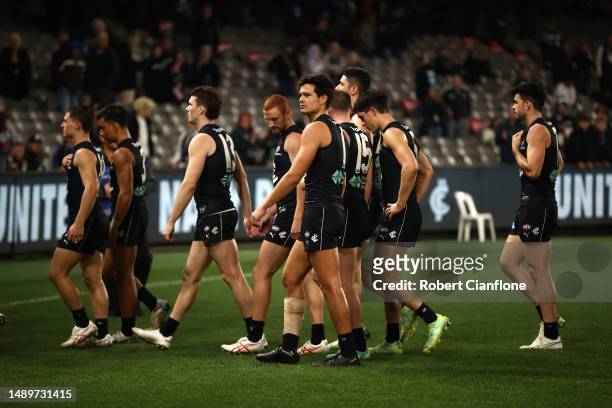 The Blues walk off after they were defeated by the Bulldogs during the round nine AFL match between Carlton Blues and Western Bulldogs at Marvel...