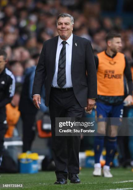 Sam Allardyce, Manager of Leeds United, reacts during the Premier League match between Leeds United and Newcastle United at Elland Road on May 13,...