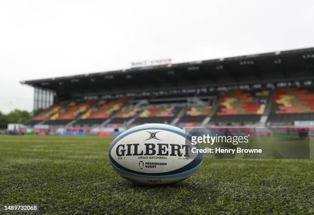 Detailed view of the Gilbert match ball prior to the Gallagher Premiership Semi-Final match between Saracens and Northampton Saints at StoneX Stadium...