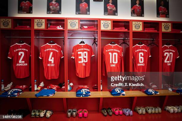 Team shirts inside the locker room of FC Bayern Muenchen during the Bundesliga match between FC Bayern München and FC Schalke 04 at Allianz Arena on...