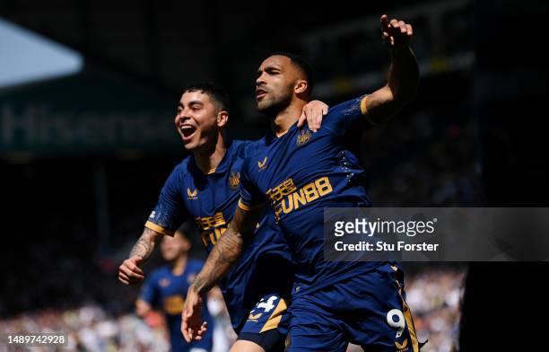 Callum Wilson of Newcastle United celebrates after scoring the team's second goal from the penalty spot during the Premier League match between Leeds...
