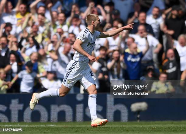 Rasmus Kristensen of Leeds United celebrates after scoring the team's second goal during the Premier League match between Leeds United and Newcastle...