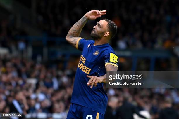 Callum Wilson of Newcastle United celebrates after scoring the team's second goal during the Premier League match between Leeds United and Newcastle...