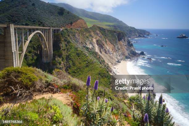 bixby bridge with pacific coast highway 1 road is a scenic road that stretches along the california coast from dana point in orange county to leggett in mendocino county in california, usa. - pont de bixby photos et images de collection